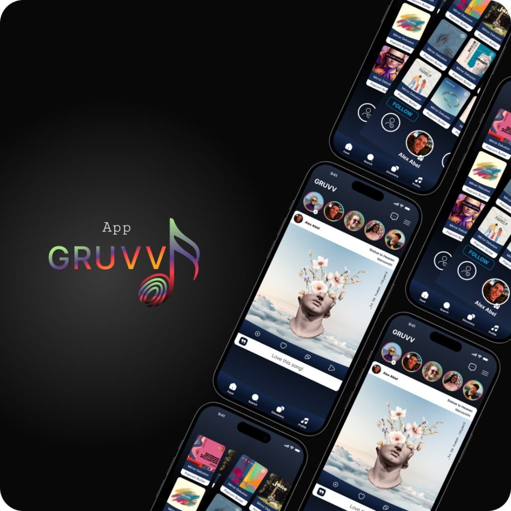GRUVV — Music discovery app concept with social listening, artist follow flows, and immersive mobile UI.